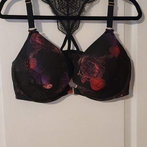 Cacique Boost Plunge Push Up Bra Black Midnight Floral Racerback Lace size 42DD
